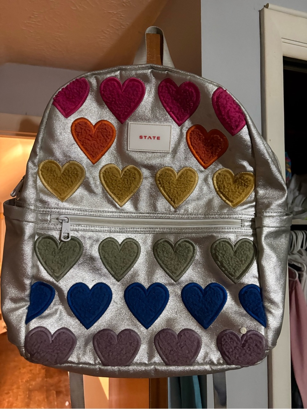 STATE Silver Metallic Backpack with Rainbow Heart Appliqués